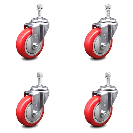 Service Caster 4 Inch Red Polyurethane Wheel Swivel 3/8 Inch Threaded Stem Caster Set SCC SCC-TS20S414-PPUB-RED-381615-4